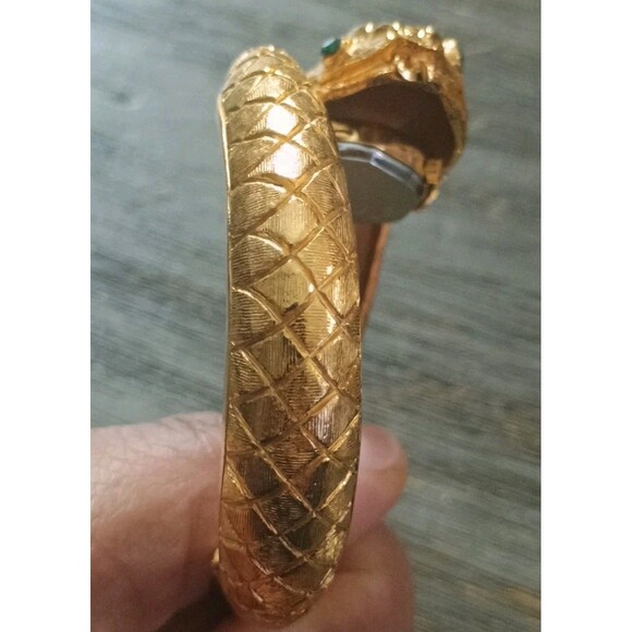 KJL Snake Cuff Hidden Watch Kenneth Jay Lane Gold Tone Rhinestone Vintage